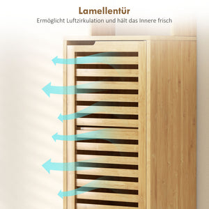 Badezimmerschrank schmal mit Lamellentür und offenen Regalen natur