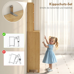 Badezimmerschrank schmal mit Lamellentür und offenen Regalen natur