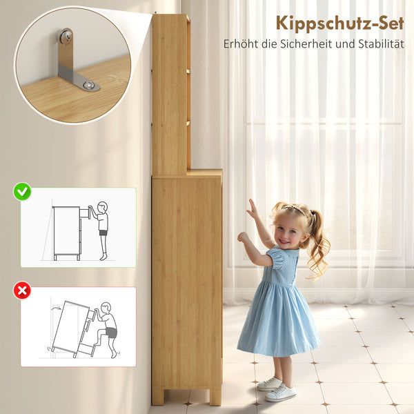 Badezimmerschrank schmal mit Lamellentür und offenen Regalen natur