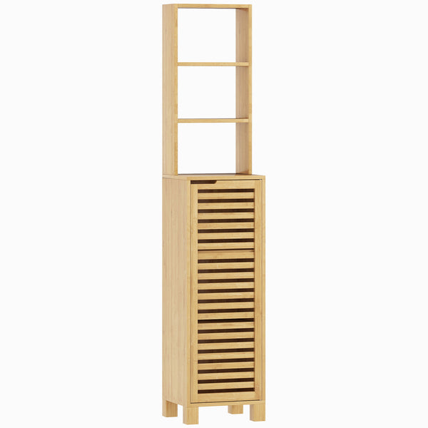 Badezimmerschrank schmal mit Lamellentür und offenen Regalen natur