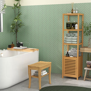Badezimmerschrank schmal hoch freistehend mit Lamellentür und Regal