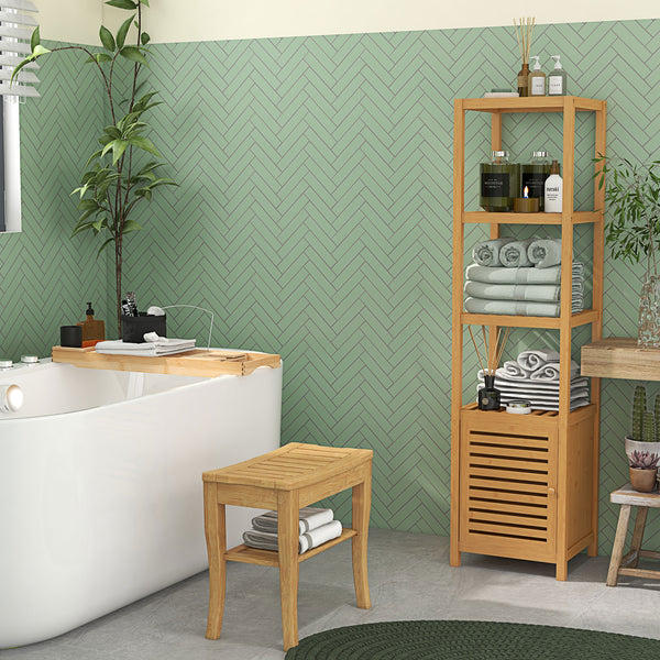 Badezimmerschrank schmal hoch freistehend mit Lamellentür und Regal