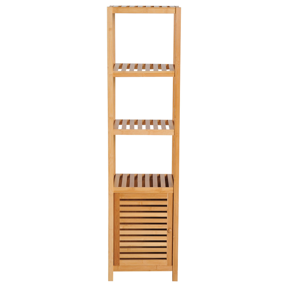 Badezimmerschrank schmal hoch freistehend mit Lamellentür und Regal