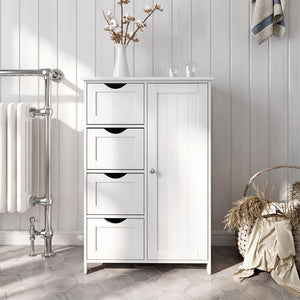 Meuble de salle de bain avec une porte et des tiroirs, blanc