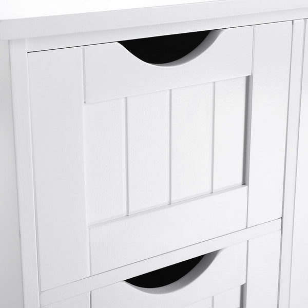 Meuble de salle de bain avec une porte et des tiroirs, blanc
