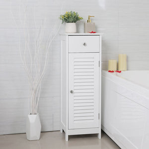 Meuble de salle de bain avec porte à lattes, étagère de salle de bain blanche