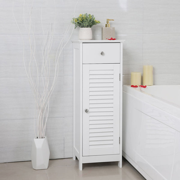 Meuble de salle de bain avec porte à lattes, étagère de salle de bain blanche