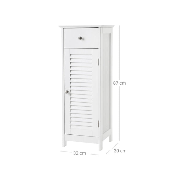 Meuble de salle de bain avec porte à lattes, étagère de salle de bain blanche