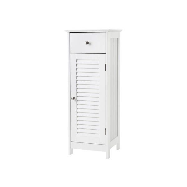 Meuble de salle de bain avec porte à lattes, étagère de salle de bain blanche