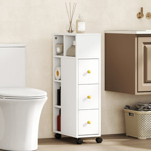 Badezimmerschrank schmal mit Rollen und Schubladen weiss