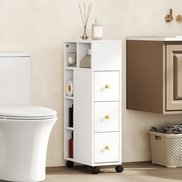 Badezimmerschrank schmal mit Rollen und Schubladen weiss