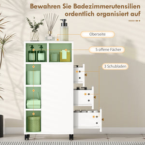 Badezimmerschrank schmal mit Rollen und Schubladen weiss