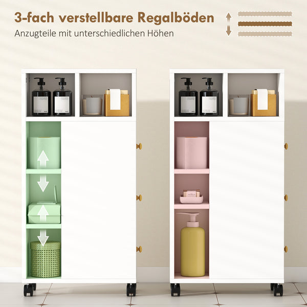 Badezimmerschrank schmal mit Rollen und Schubladen weiss