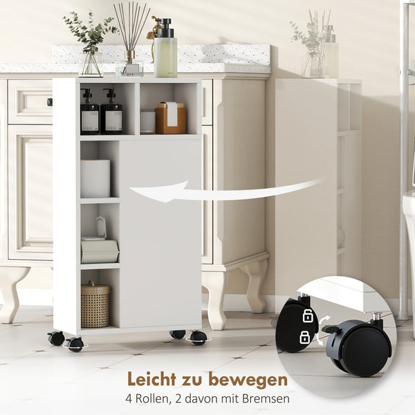 Badezimmerschrank schmal mit Rollen und Schubladen weiss