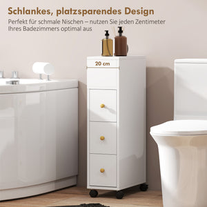 Badezimmerschrank schmal mit Rollen und Schubladen weiss