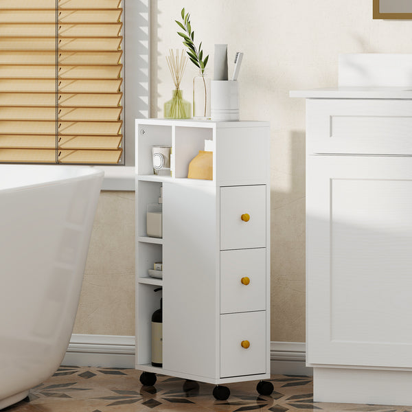 Badezimmerschrank schmal mit Rollen und Schubladen weiss