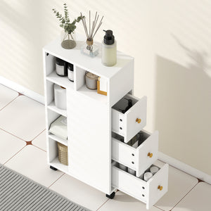 Badezimmerschrank schmal mit Rollen und Schubladen weiss