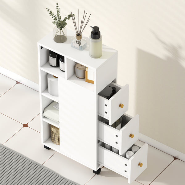 Badezimmerschrank schmal mit Rollen und Schubladen weiss