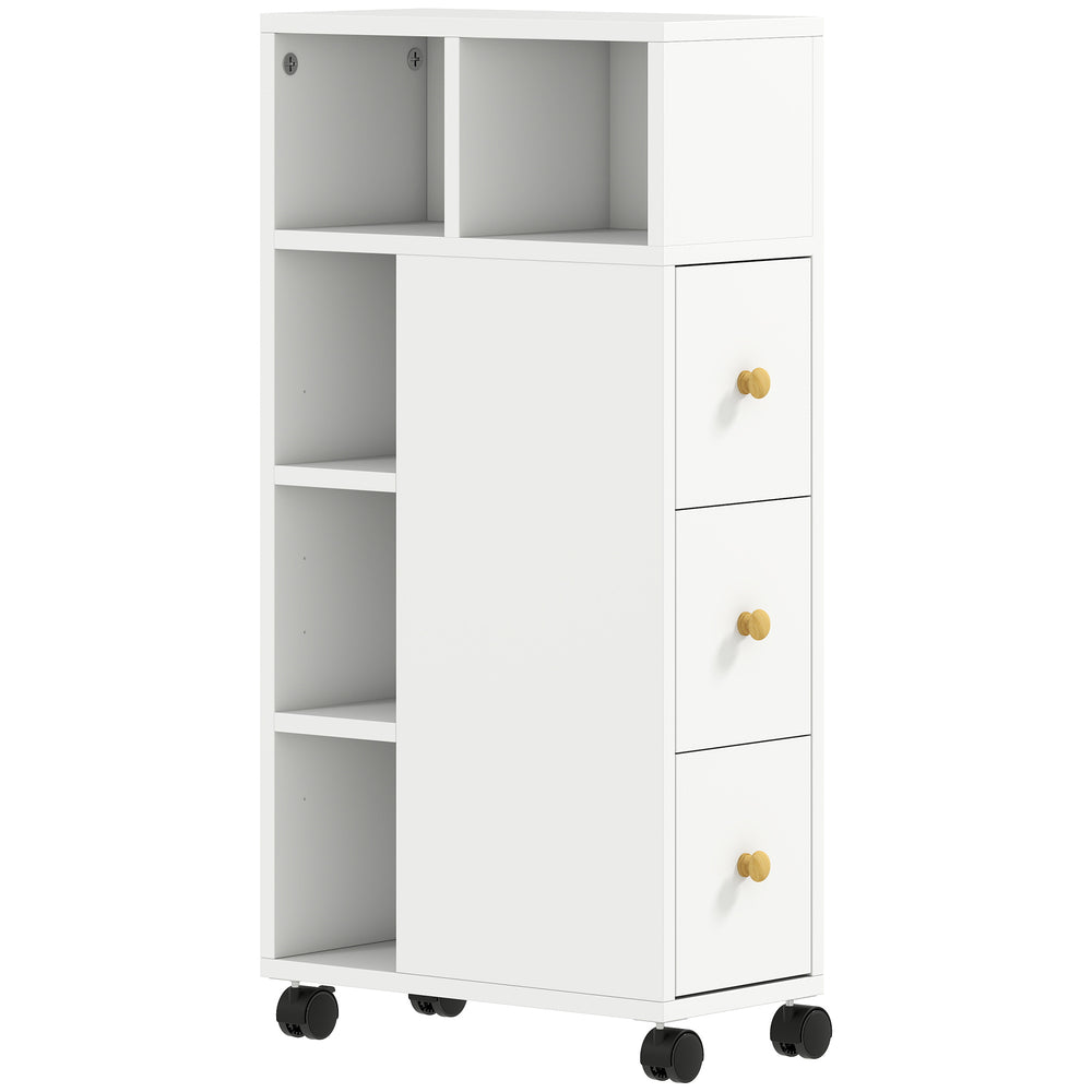 Badezimmerschrank schmal mit Rollen und Schubladen weiss