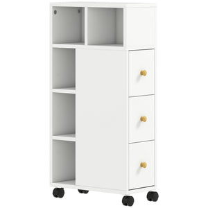 Badezimmerschrank schmal mit Rollen und Schubladen weiss