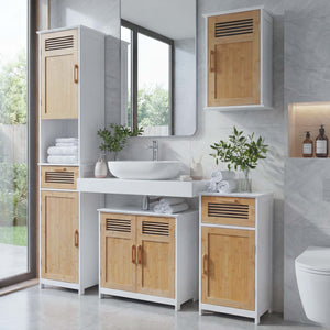 Badezimmerset Badmöbel Hochschrank Waschbeckenunterschrank Hängeschrank Bambus weiss