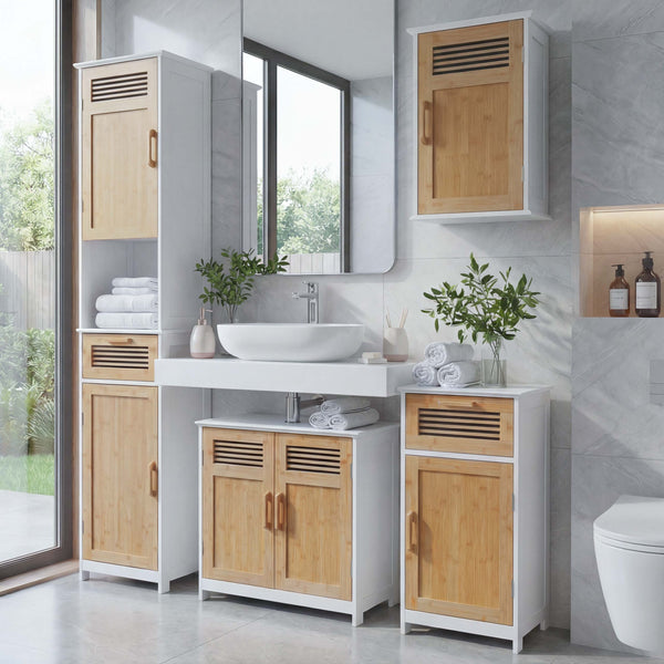 Badezimmerset Badmöbel Hochschrank Waschbeckenunterschrank Hängeschrank Bambus weiss