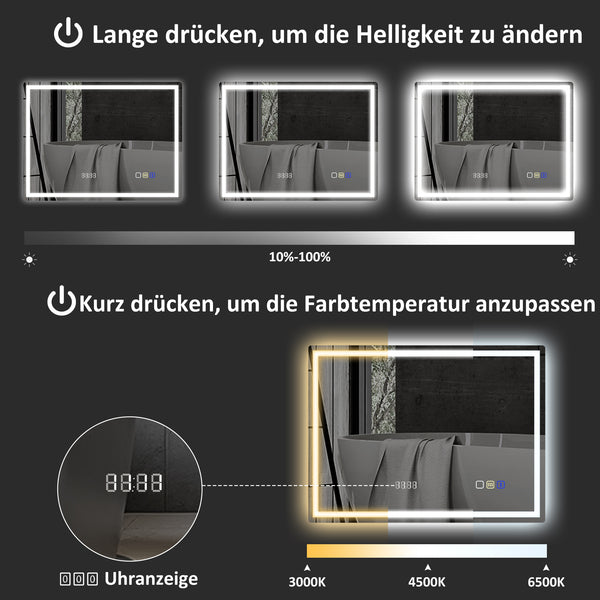 Badezimmerspiegel LED mit Uhr und Anti-Beschlag 600x800mm