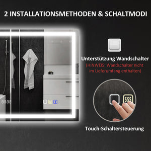 Badezimmerspiegel LED mit Uhr und Anti-Beschlag 600x800mm