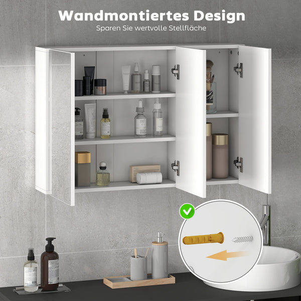 Badezimmerspiegelschrank mit 3 Spiegeltüren zur Wandmontage weiss