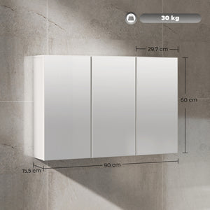 Badezimmerspiegelschrank mit 3 Spiegeltüren zur Wandmontage weiss