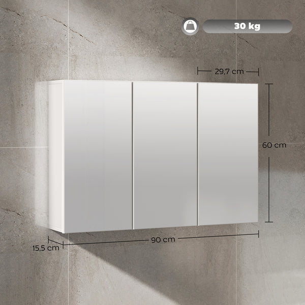 Badezimmerspiegelschrank mit 3 Spiegeltüren zur Wandmontage weiss
