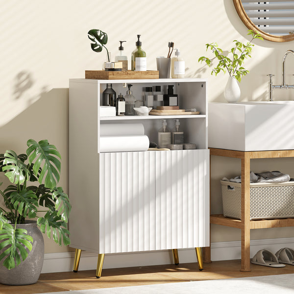 Badschrank mit Soft-Close Türen und offenen Regalen weiss