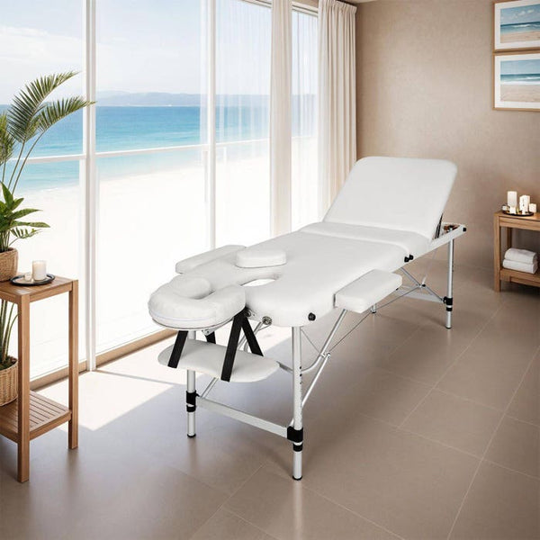 3 Zonen Massageliege mit 5cm Polsterung und Aluminiumgestell weiss