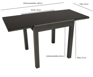 Balkon-Ausziehtisch ELBA 70/140x70cm, Aluminium anthrazit + Glas schwarz