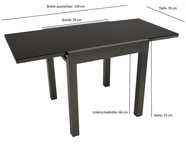 Balkon-Ausziehtisch ELBA 70/140x70cm, Aluminium anthrazit + Glas schwarz
