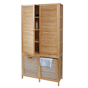 Bambus Badezimmerschrank Badregal Badschrank 2 Wäschekörbe 2 Türen 168x82x34cm