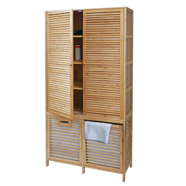 Bambus Badezimmerschrank Badregal Badschrank 2 Wäschekörbe 2 Türen 168x82x34cm