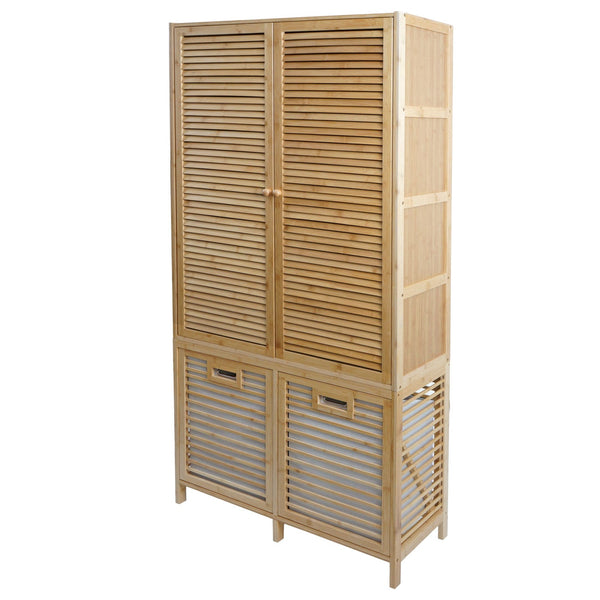 Bambus Badezimmerschrank Badregal Badschrank 2 Wäschekörbe 2 Türen 168x82x34cm