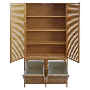 Bambus Badezimmerschrank Badregal Badschrank 2 Wäschekörbe 2 Türen 168x82x34cm
