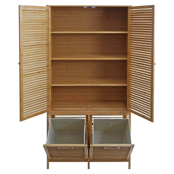 Bambus Badezimmerschrank Badregal Badschrank 2 Wäschekörbe 2 Türen 168x82x34cm