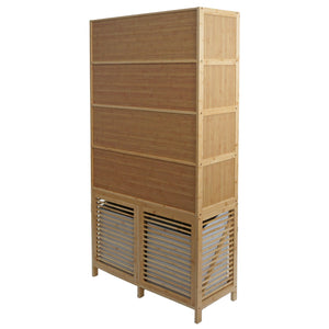 Bambus Badezimmerschrank Badregal Badschrank 2 Wäschekörbe 2 Türen 168x82x34cm