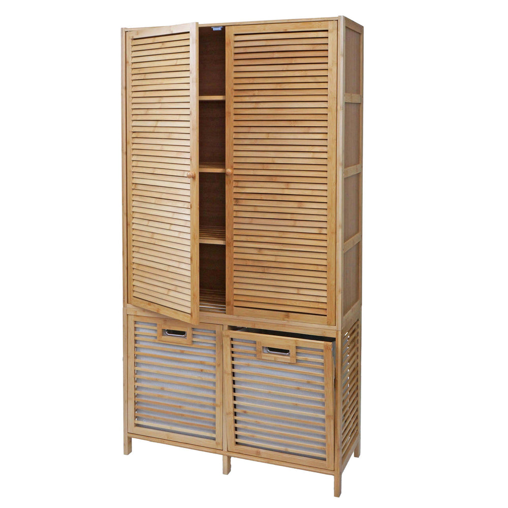 Bambus Badezimmerschrank Badregal Badschrank 2 Wäschekörbe 2 Türen 168x82x34cm