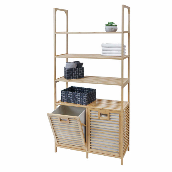 Bambus Badezimmerschrank Badregal Badschrank 2 Wäschekörbe 4 Regalböden 168x81x33cm
