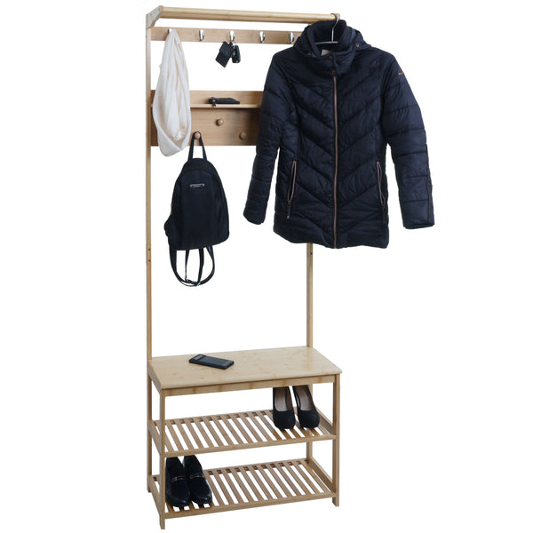 Bambus Standgarderobe Garderobenständer Schuhregal Sitzbank 170x70x31cm
