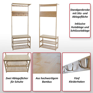 Bambus Standgarderobe Garderobenständer Schuhregal Sitzbank 170x70x31cm