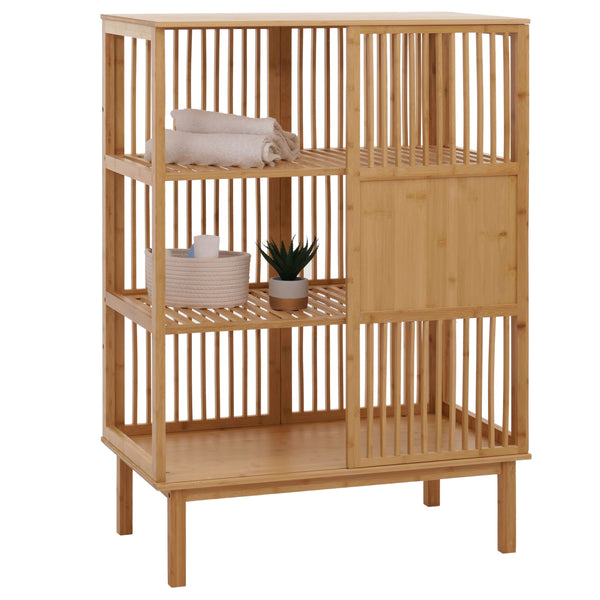 Bambus Standregal Badezimmerschrank Badregal Schiebetür 115x80x45cm