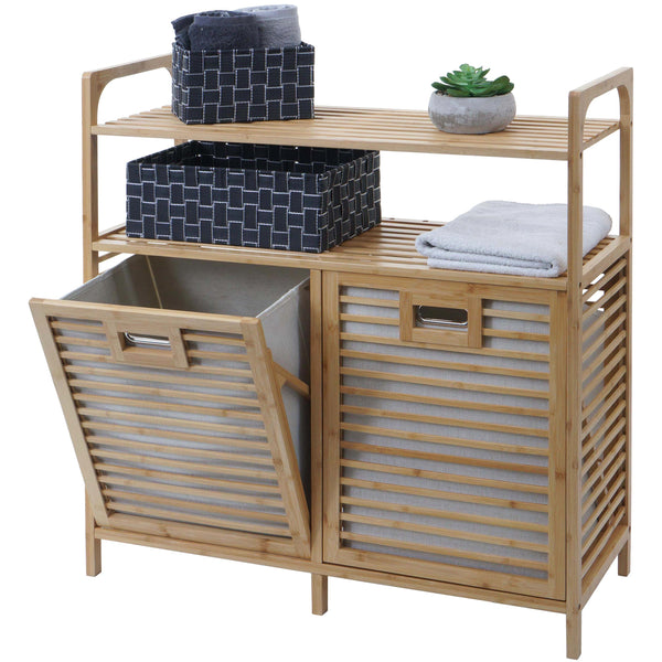 Bambus Badezimmerschrank Wäschesammler Badschrank 2 Wäschekörbe 2 Regalböden 88x81x33cm