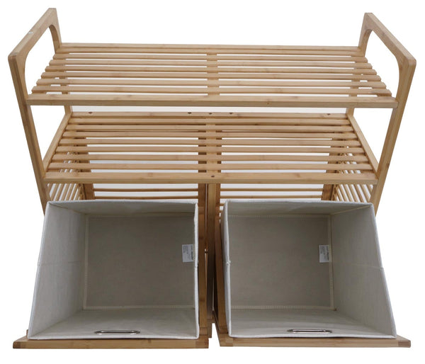 Bambus Badezimmerschrank Wäschesammler Badschrank 2 Wäschekörbe 2 Regalböden 88x81x33cm