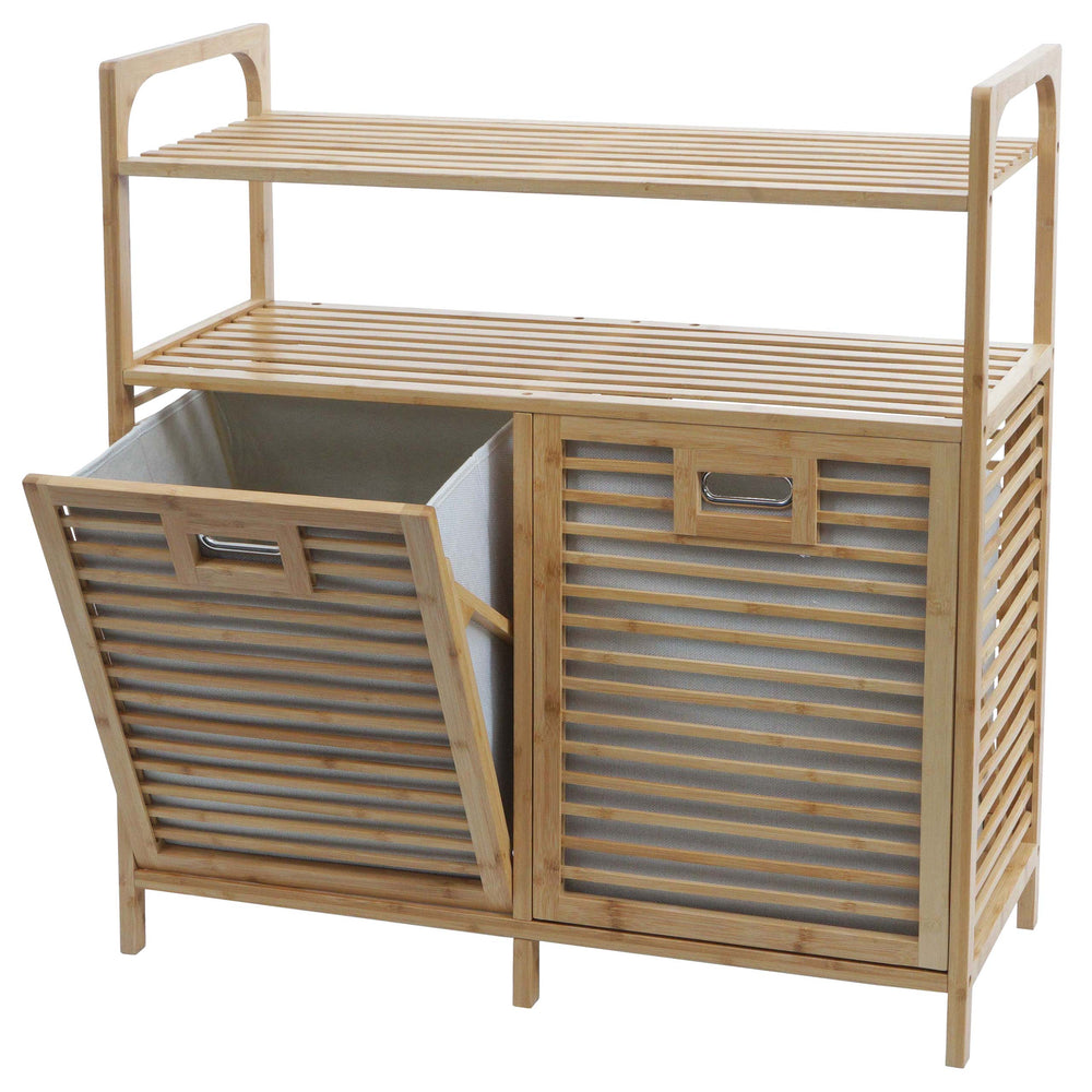 Bambus Badezimmerschrank Wäschesammler Badschrank 2 Wäschekörbe 2 Regalböden 88x81x33cm