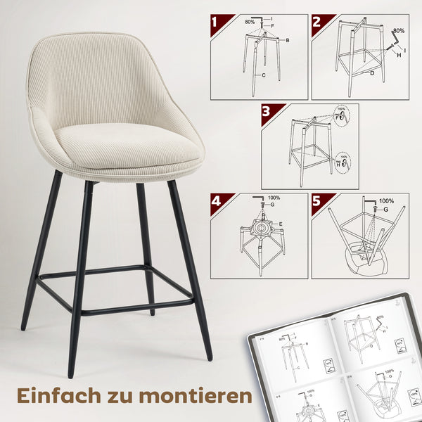 Barhocker 2er-Set mit Cordbezug und Stahlbeinen für Esszimmer creme
